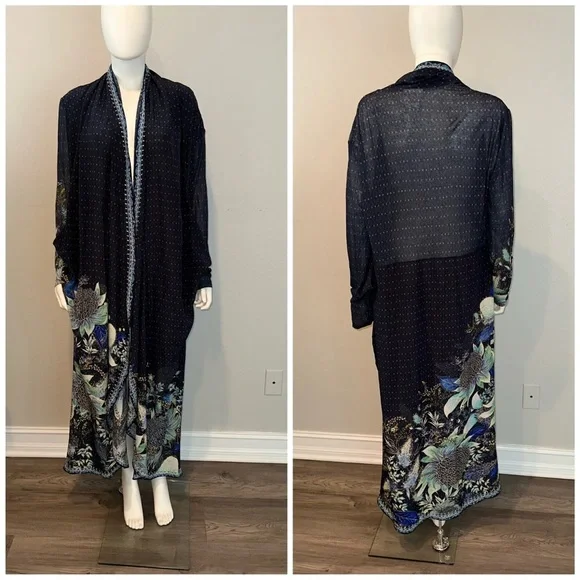 CAMILLA *Natures Nectar* blue floral silk boho long casual jacket w pockets S/M
